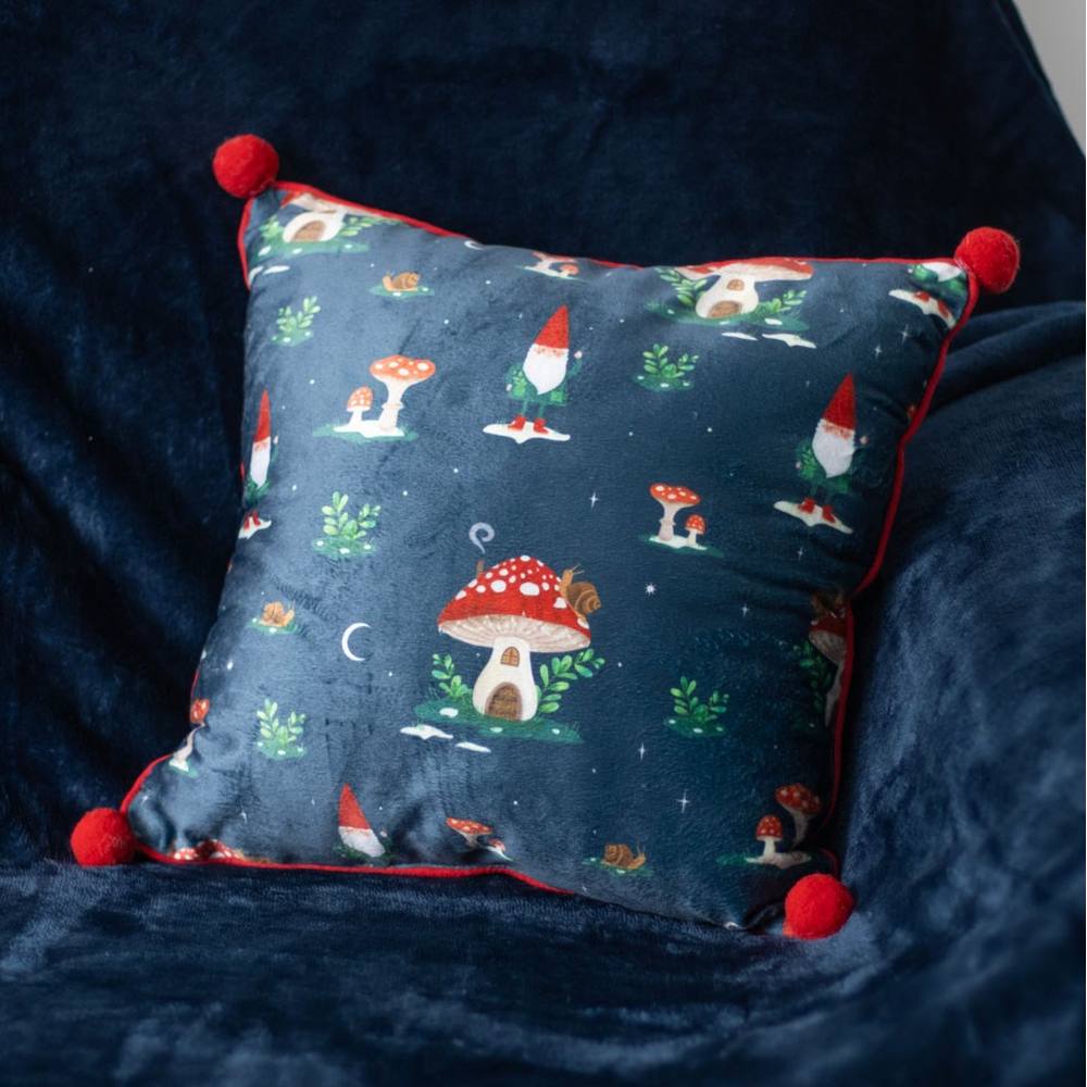 Something Different - 35cm Square Gnome Print with Pom Poms Cushion - Blue